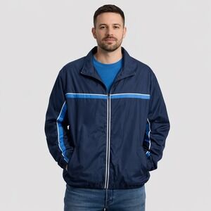 SB Tech Mens Navy Blue Full Zip Windbreaker Jacket Mesh Lined Large Striped